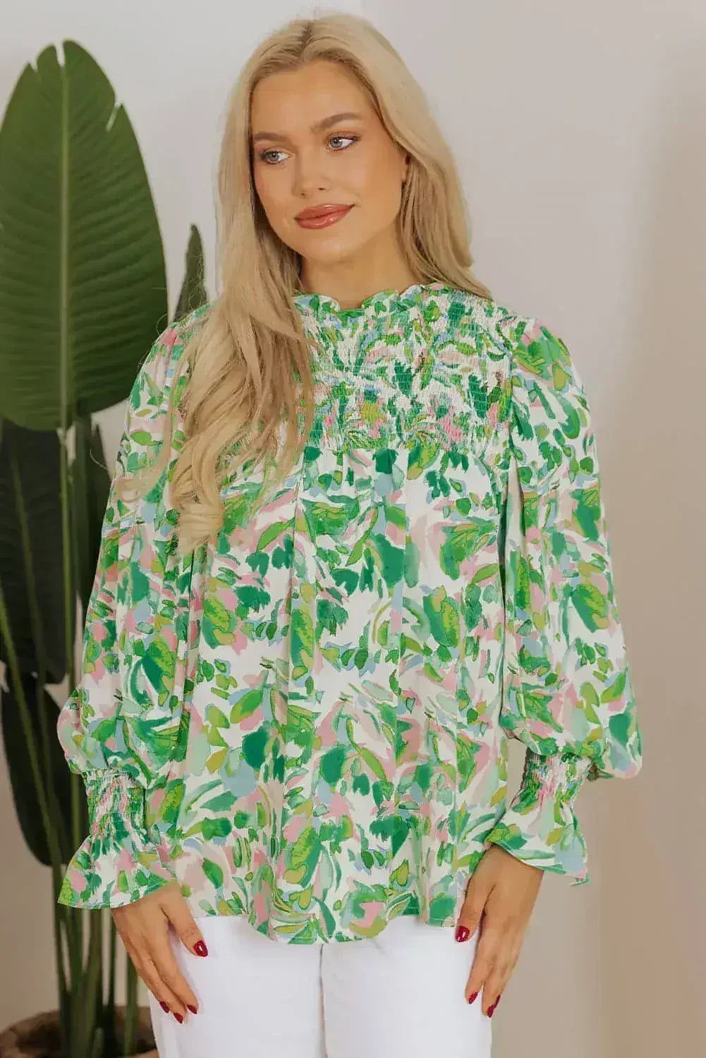 Leaf Print Flounce Sleeve Blouse - Botanical Top | Femstylo