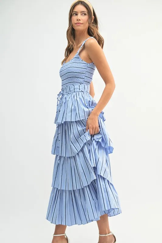 Pin Stripe Smocked Bodice Layered Midi Dress – Smocked Bodice Dress, Fluttering Pinstripe Midi Dress, Layered Midi Dress, Trendy Midi Dress, Flattering Pinstripe Dress