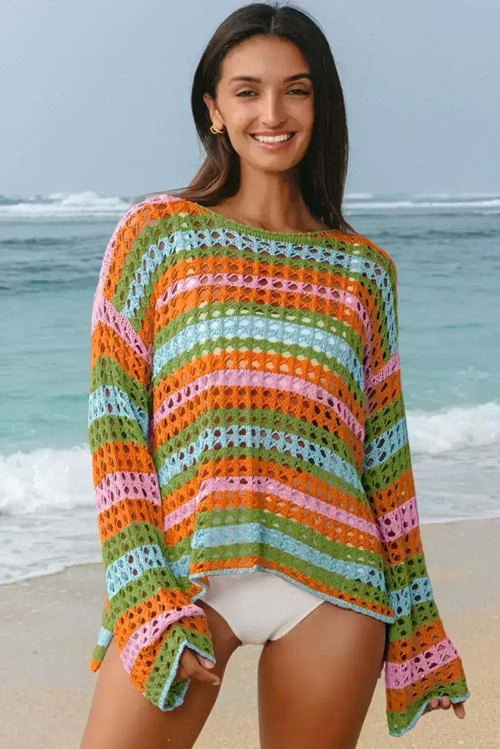 Purple Striped Hollow Knit Summer Beach Cover Up