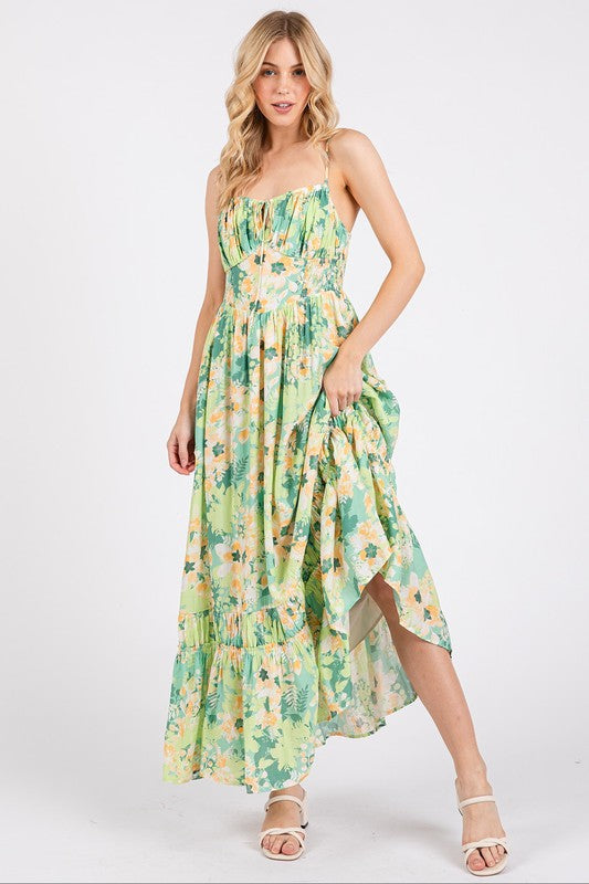 New Summer  Floral Smocked Back Ruffled Hem Maxi Cami Dress – Bohemian Elegance, Feminine, Flowy, Comfortable, Effortlessly Chic
