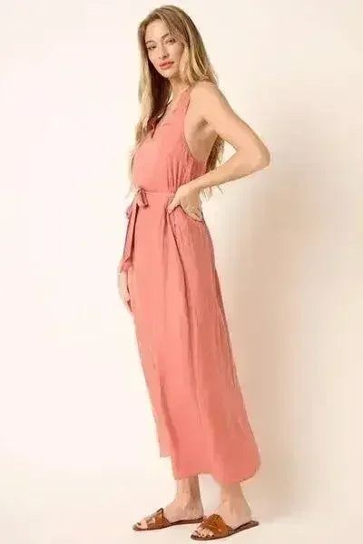 Ginger Cross Back Belted V Neck Maxi Dress – femstylo