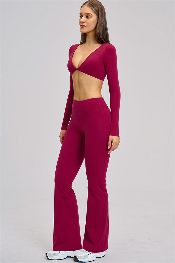 The Zestful Long Sleeve Crop Top Flared Leggings 2-Piece Set