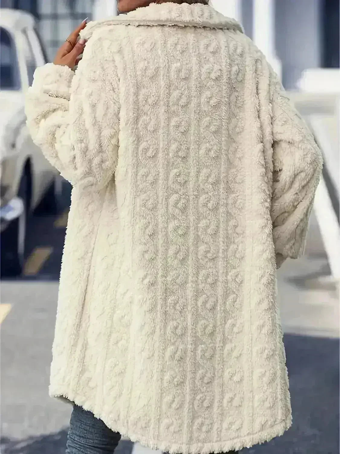Fuzzy Button-Up Longline Coat - Oversized Polyester Topper | Femstylo
