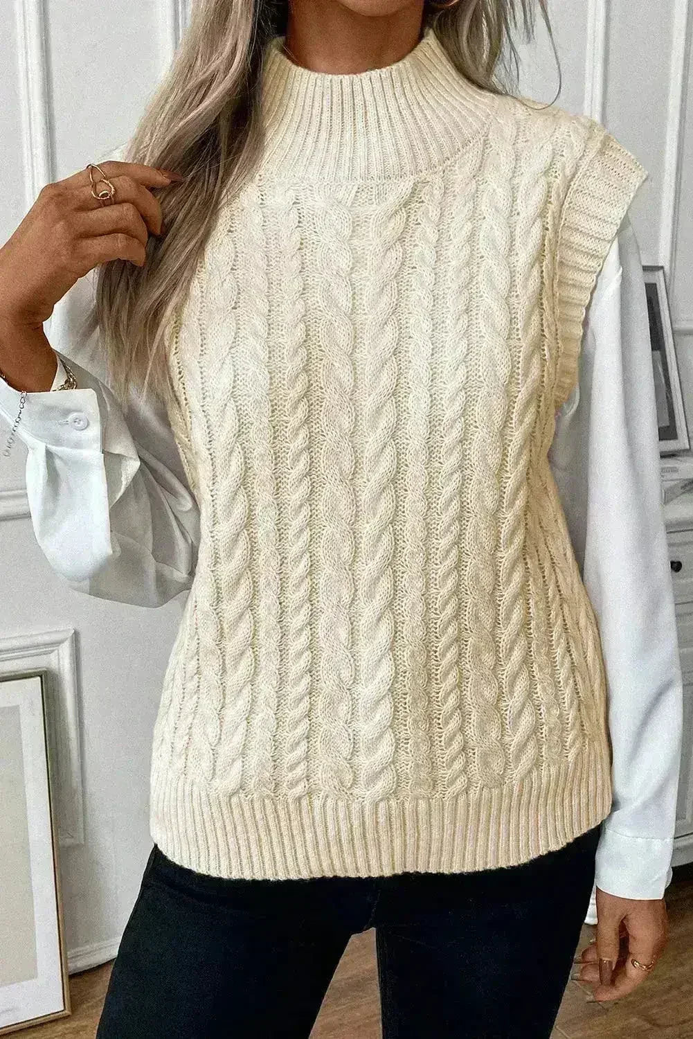 Cable Knit Sweater Vest – High Neck & Textured Oatmeal