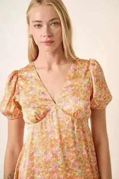 Printed Puff Sleeve Mini Dress - Trendy V-Neck Style | Femstylo