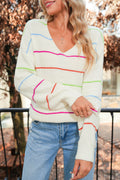 White Striped V Neck Drop Sleeve Sweater for Women - Femstylo