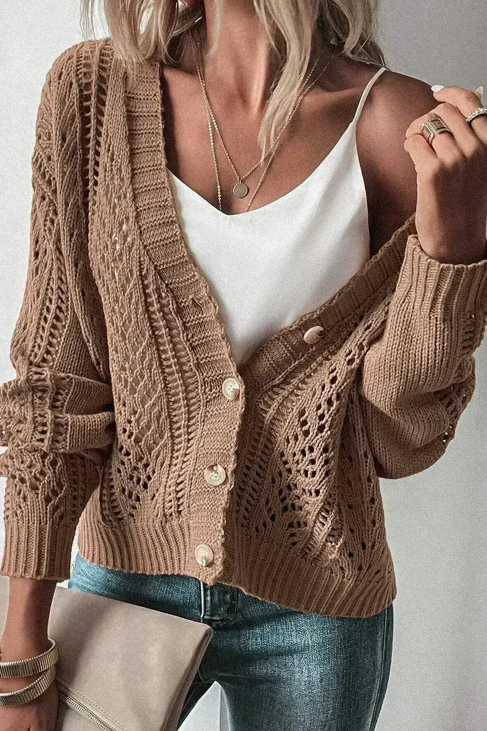 Dark Khaki Cardigan – Open Knit Drop Shoulder Sweater | Cotton-Acrylic Blend