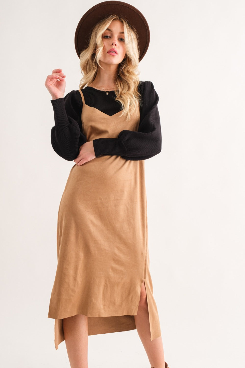 Faux Suede Cut Edge Slit Cami Midi Dress – Elegant Midi Dress, Faux Suede Dress, Chic Slit Dress, Sophisticated Dress, Versatile Cami Dress