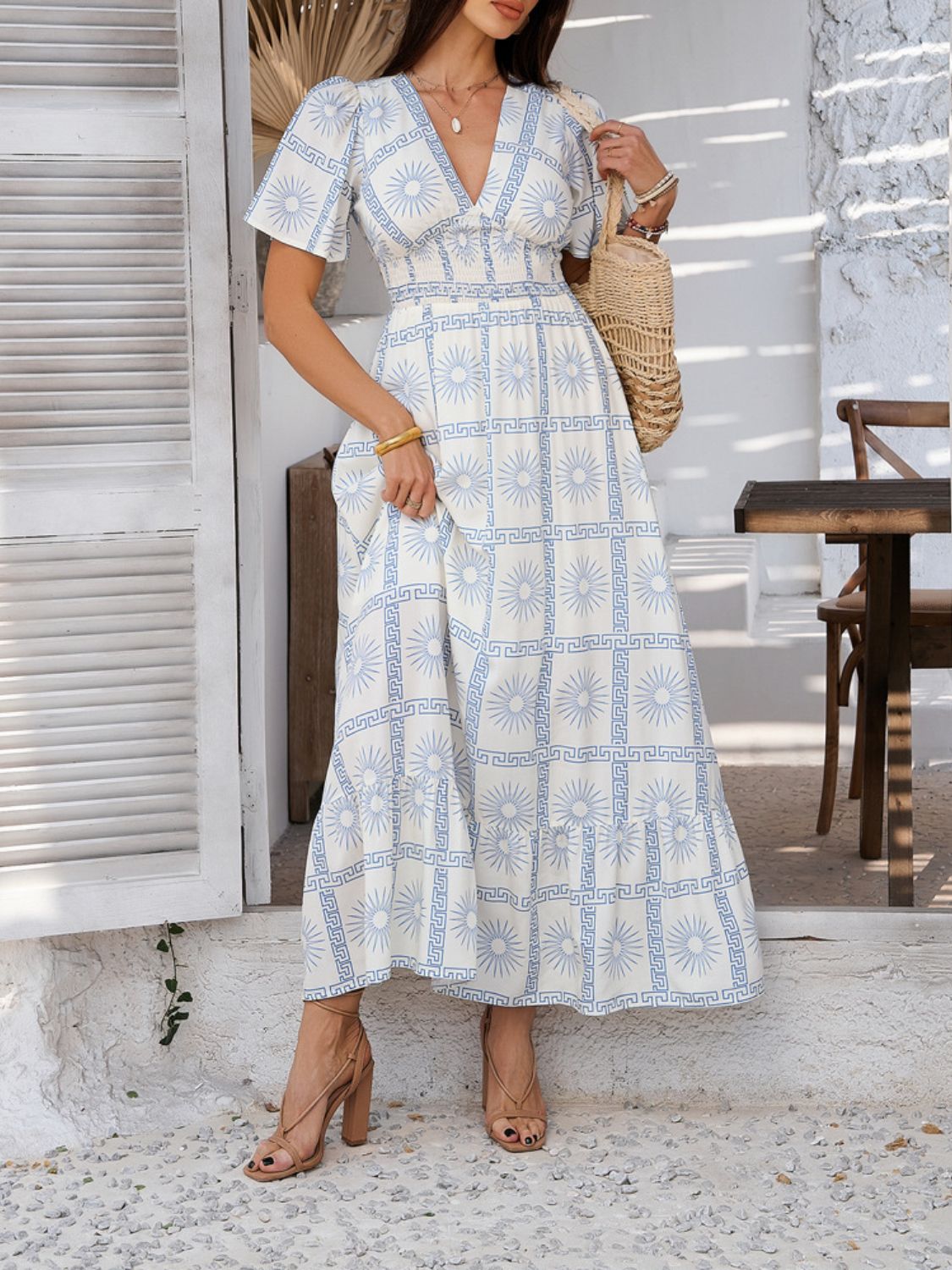 Elegant Printed V-Neck Short Sleeve Maxi Dress Beautiful Casual Women Long Dress