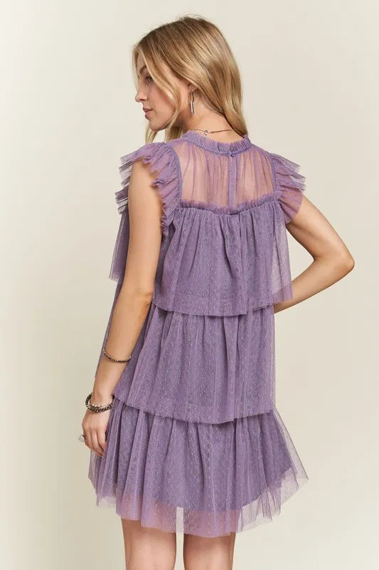 Layered Ruffled Cap Sleeve Mesh Dress For Women – Romantic Mesh Dress with Lace & Ruffled Layers for Elegant Parties & Special Events