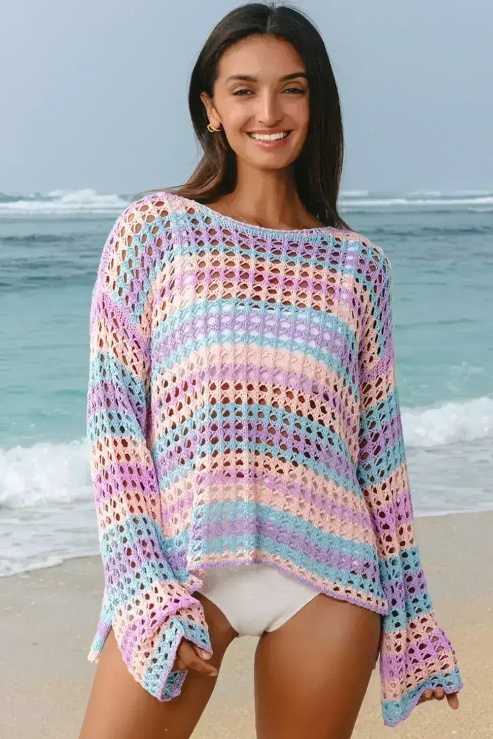 Purple Striped Hollow Knit Summer Beach Cover Up