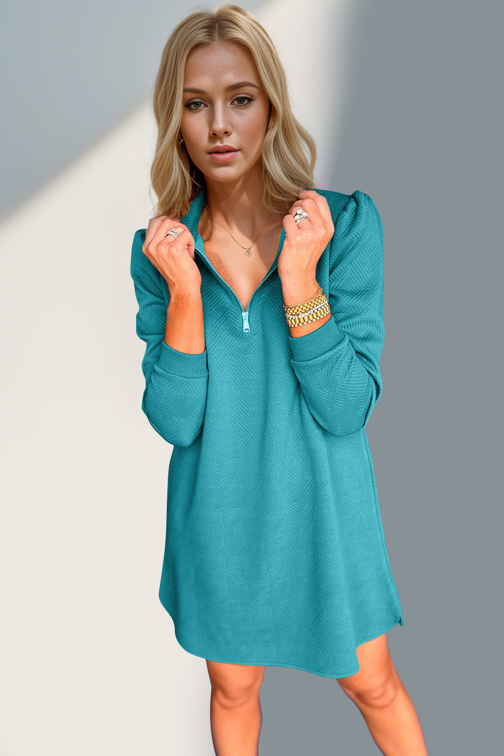 Double Take Textured Zip Long Sleeve Dress Classic Zip-Up Dress for Women Comfortable Outdoor Dress