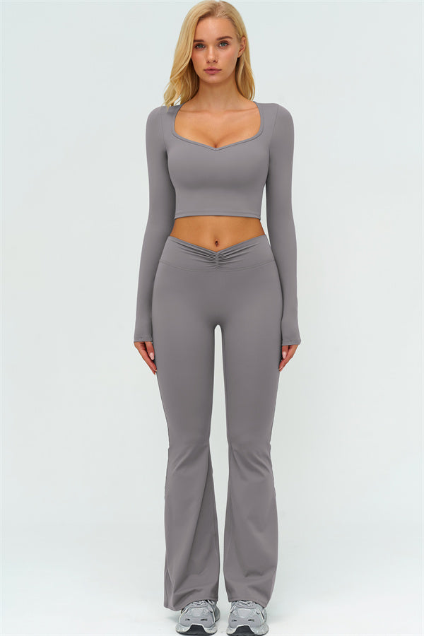 The Lushness Long Sleeve Crop Top Flared Leggings 2-Piece Set