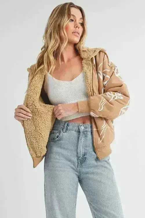 Floral Sherpa Hoodie - Zip-Up Fleece Jacket with Pockets