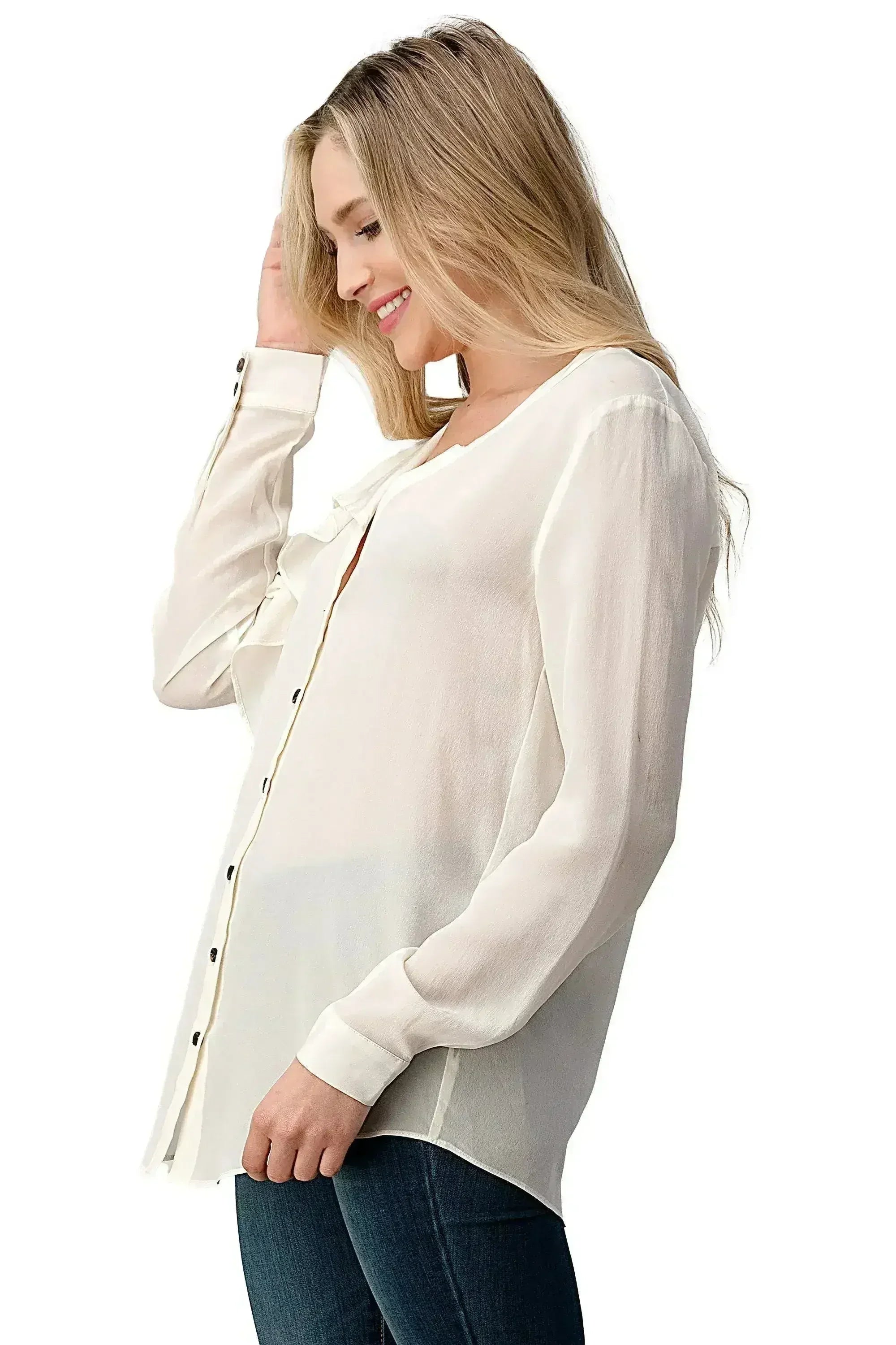 Silk Ruffle Blouse – Elegant Button-Up Shirt with Long Sleeves | Femstylo