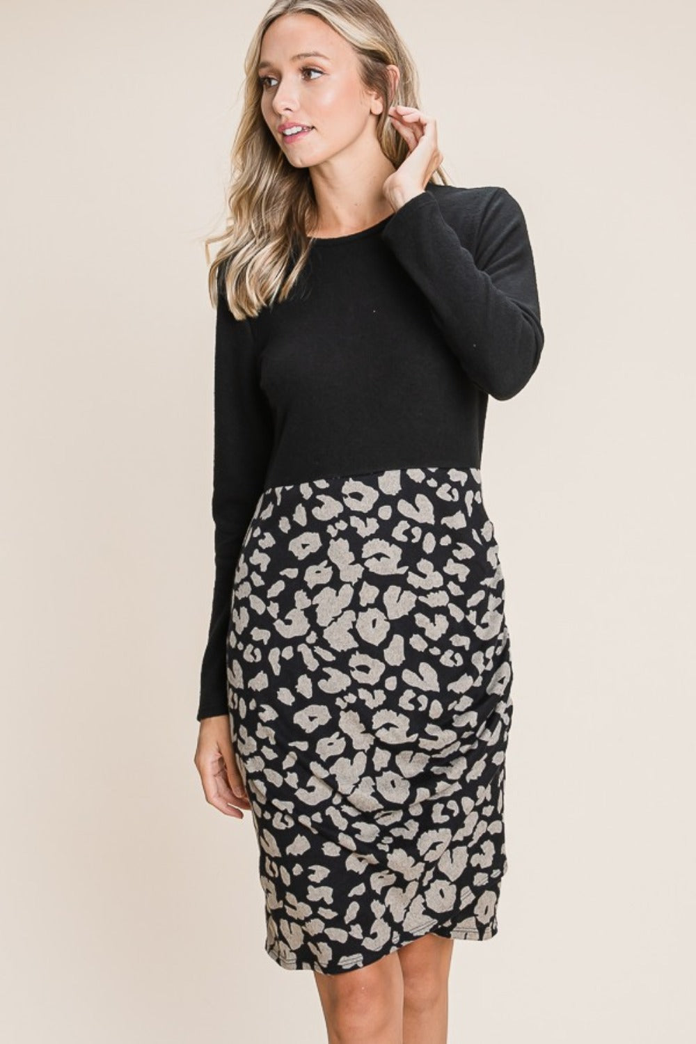 Leopard Color Block Knit Dress – Animal Print Knit Dress, Color Block Sweater Dress, Casual Knit Dress, Fall Fashion Knit Dress, Cozy Long Sleeve Dress