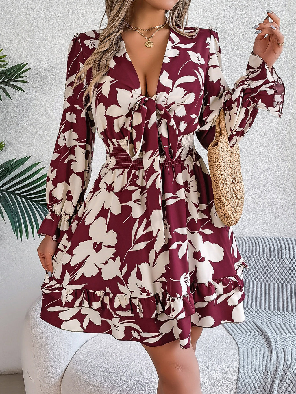 Feminine Lilac Ruffled Printed Long Sleeve Dress Summer Cute Midi Dress