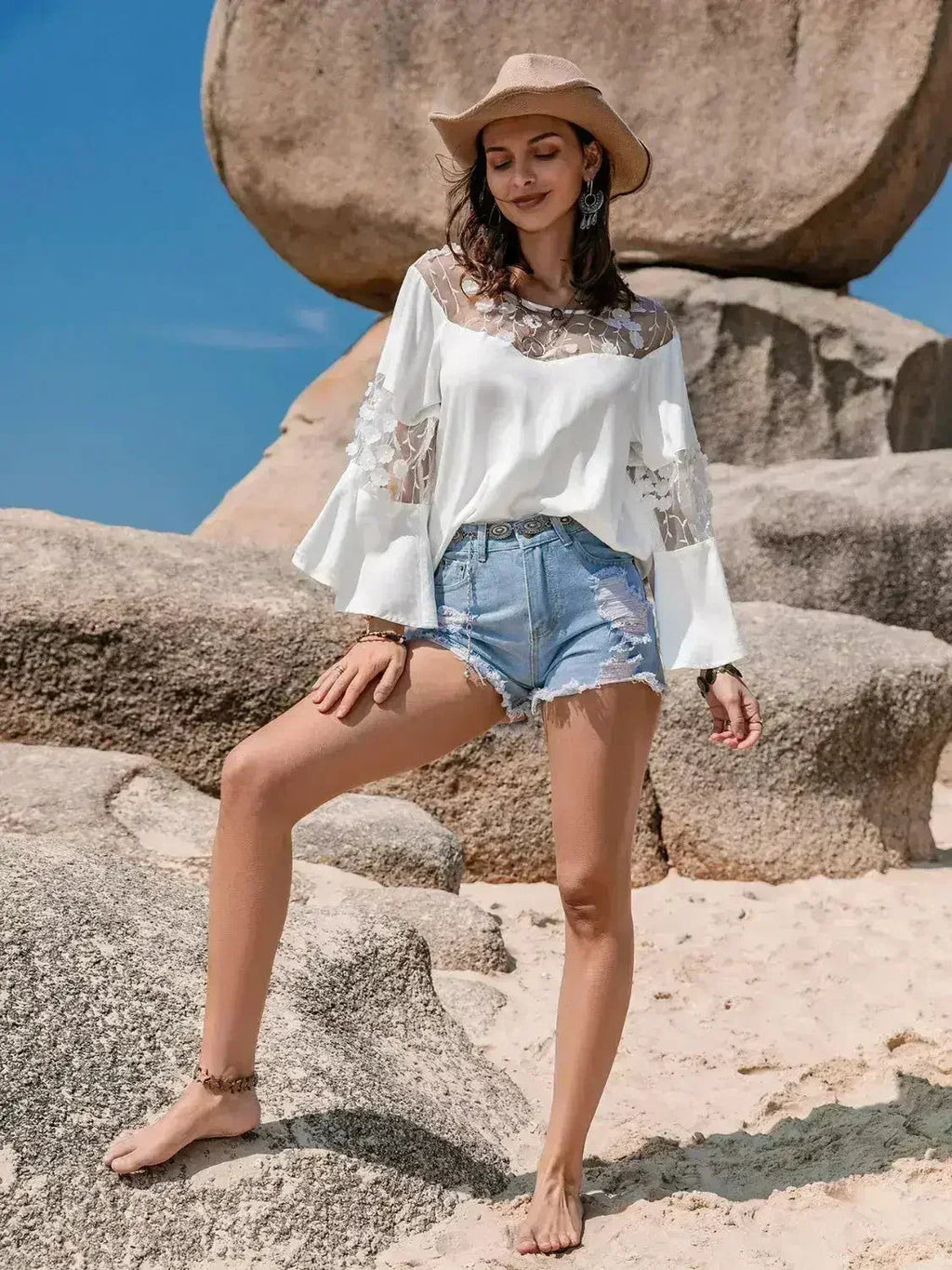 White Lace Round Neck Long Sleeve Blouse | Femstylo