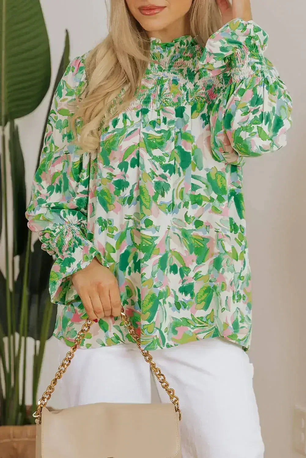 Leaf Print Flounce Sleeve Blouse - Botanical Top | Femstylo