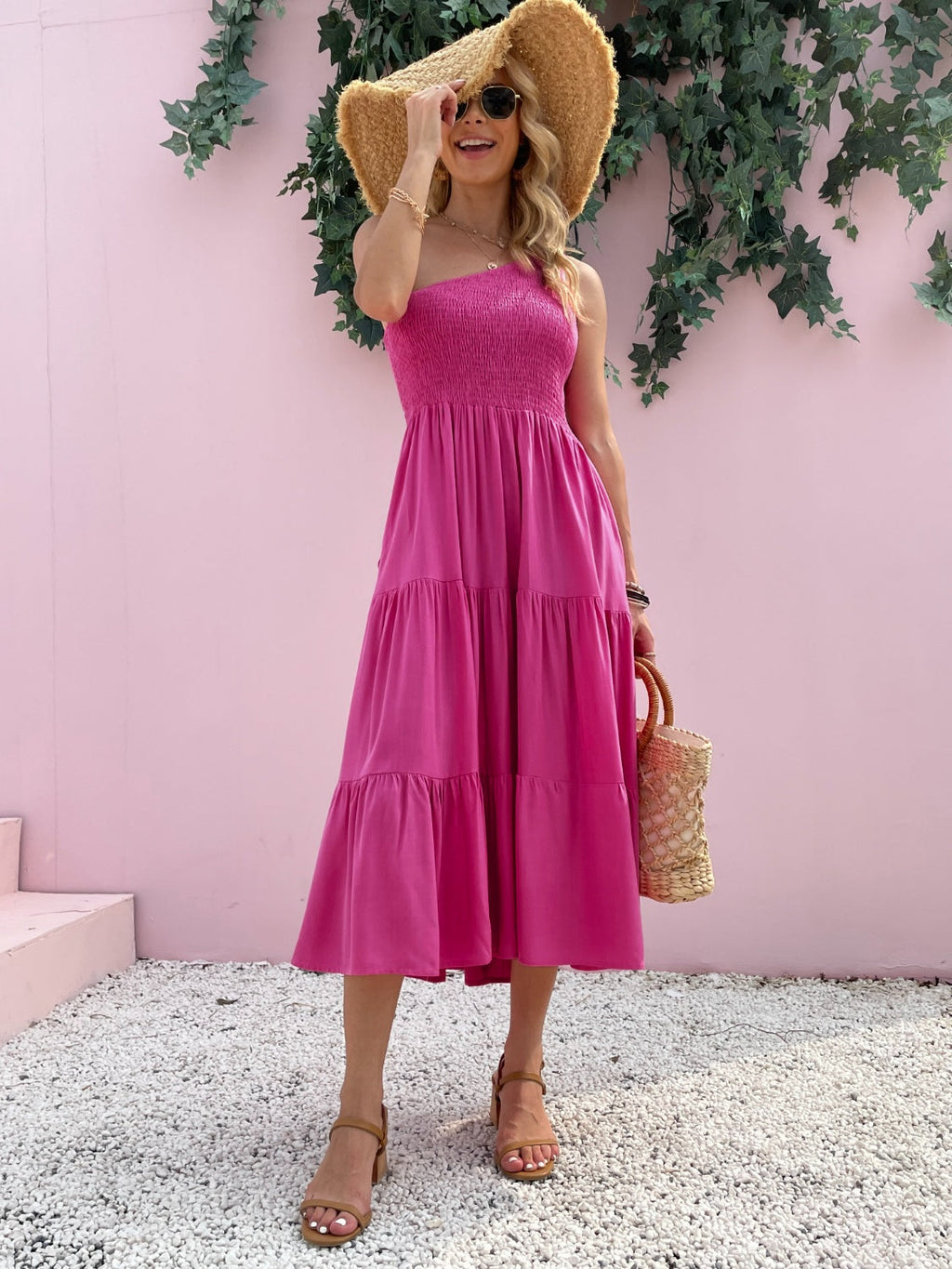 Smocked Single Shoulder Sleeveless Dress Stylish & Comfortable Summer Long Dress Lightweight Dress