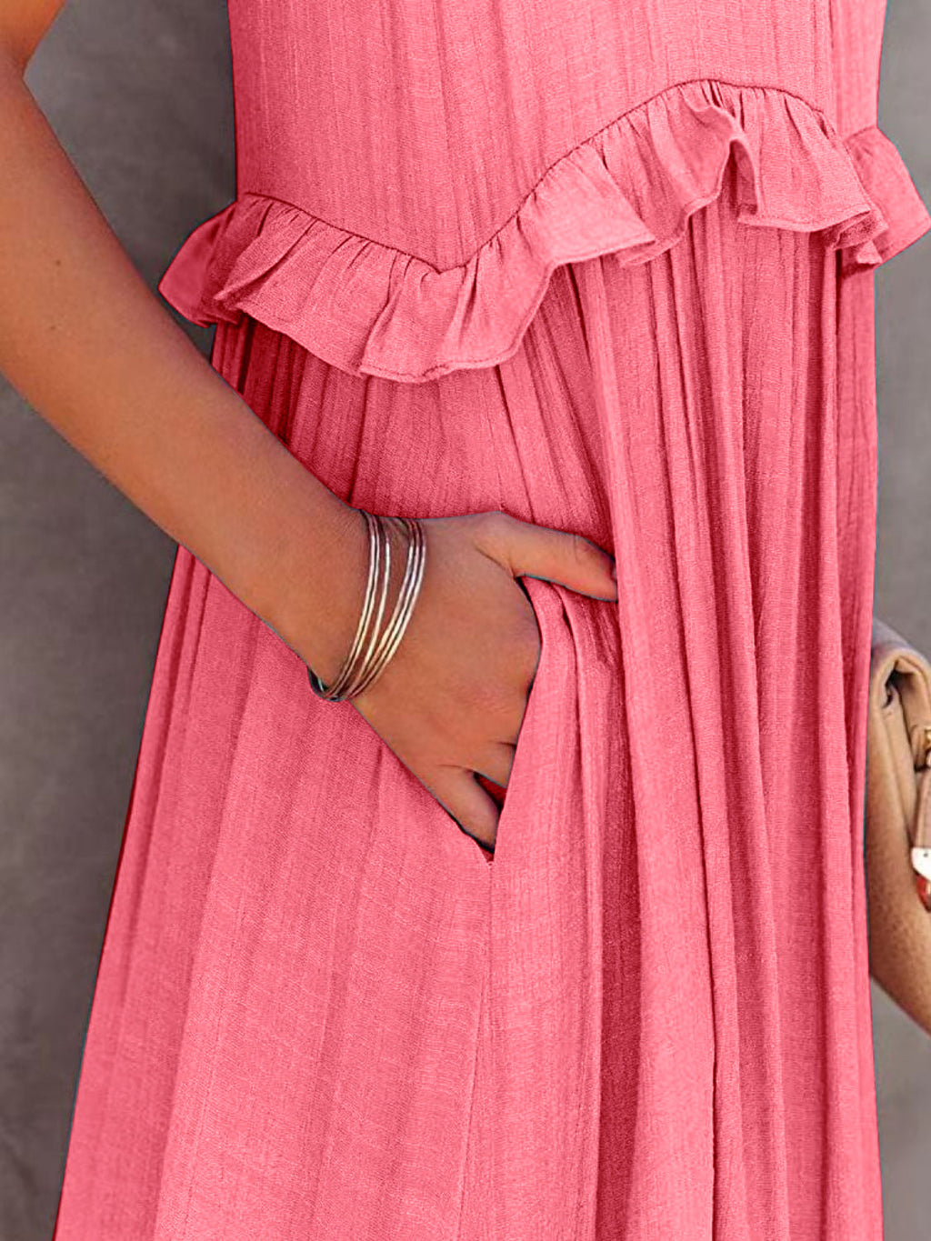 Romantic Ruffled Sleeveless Tiered Maxi Dress with Pockets Elegant & Chic Statement Beautiful Design Dress