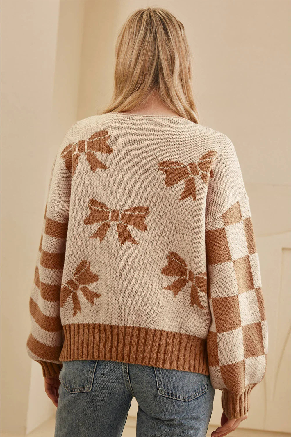 Straw Yellow Striped Checkered Sleeves Bow Print Knit Sweater