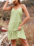 Light Green Daisy Print V-Neck Mini Dress Floral Summer Lightweight Dress For Women