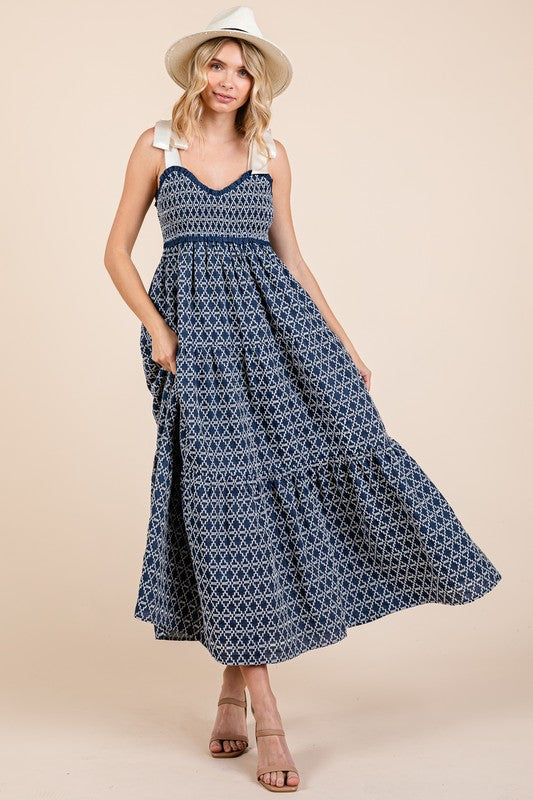 Geometric Embroidered Smocked Tie Shoulder Midi Dress For Women – Fluttering, Trendy and Chic Embroidered Midi Dress with Tie Shoulders