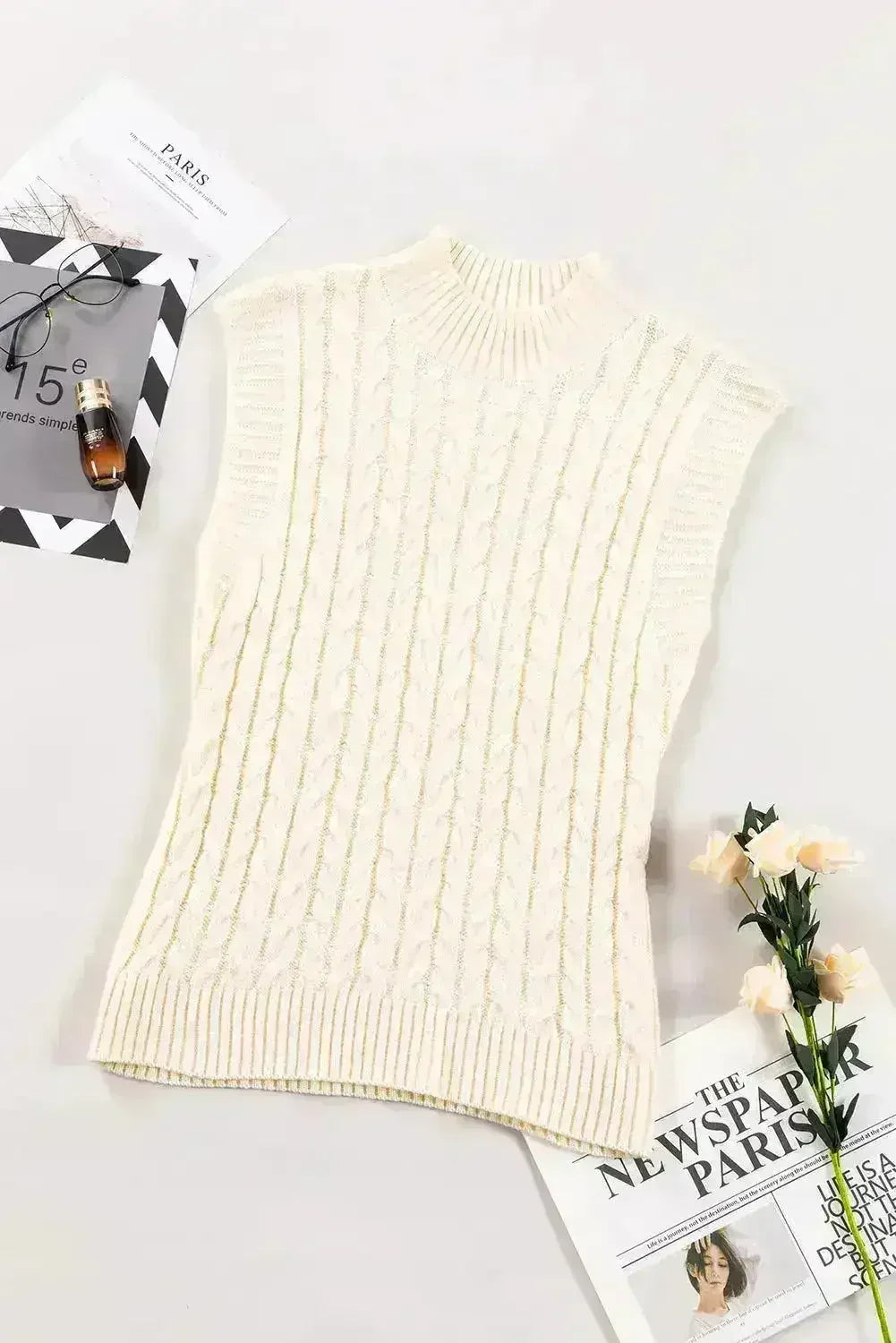Cable Knit Sweater Vest – High Neck & Textured Oatmeal