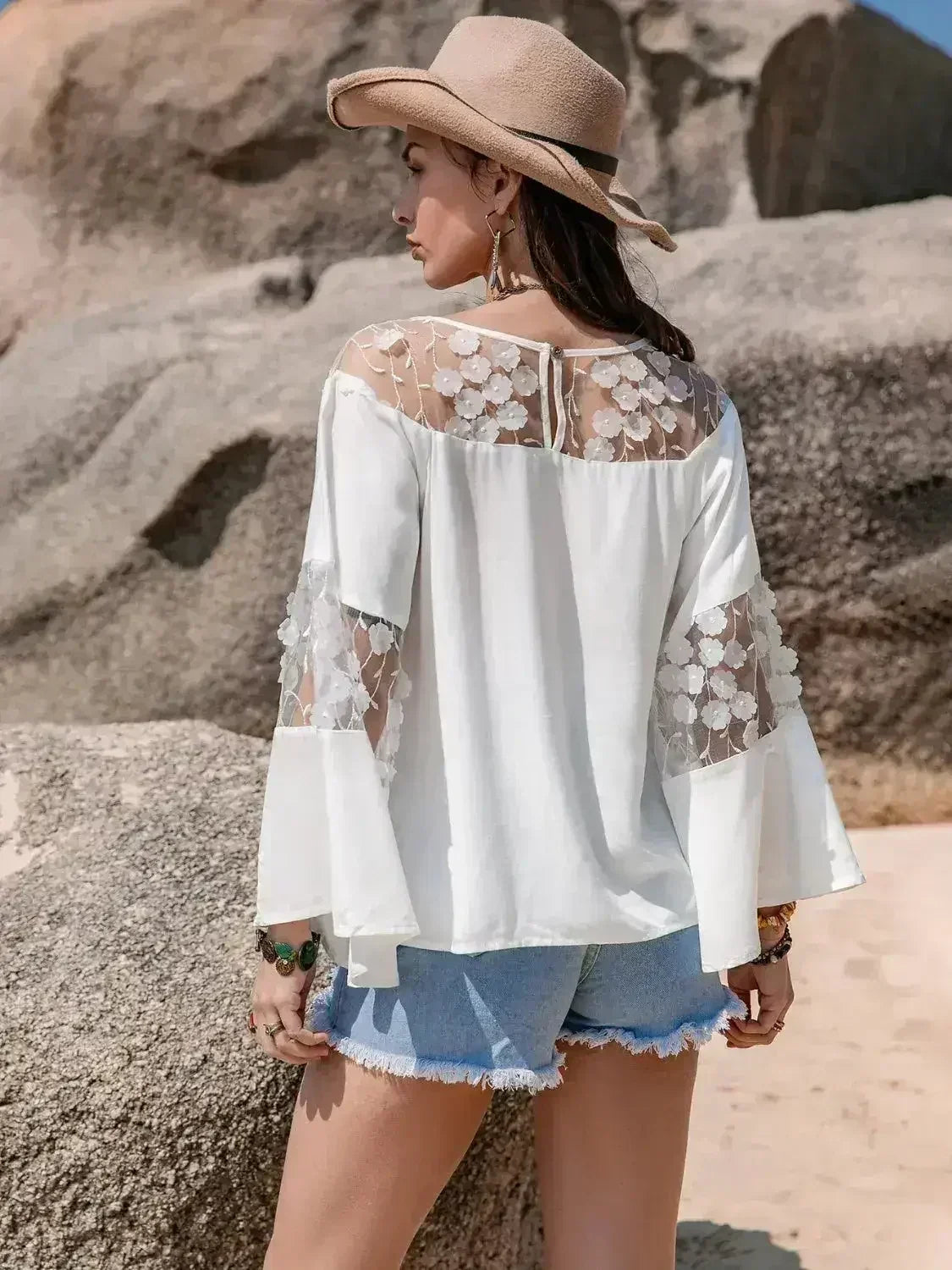 White Lace Round Neck Long Sleeve Blouse | Femstylo