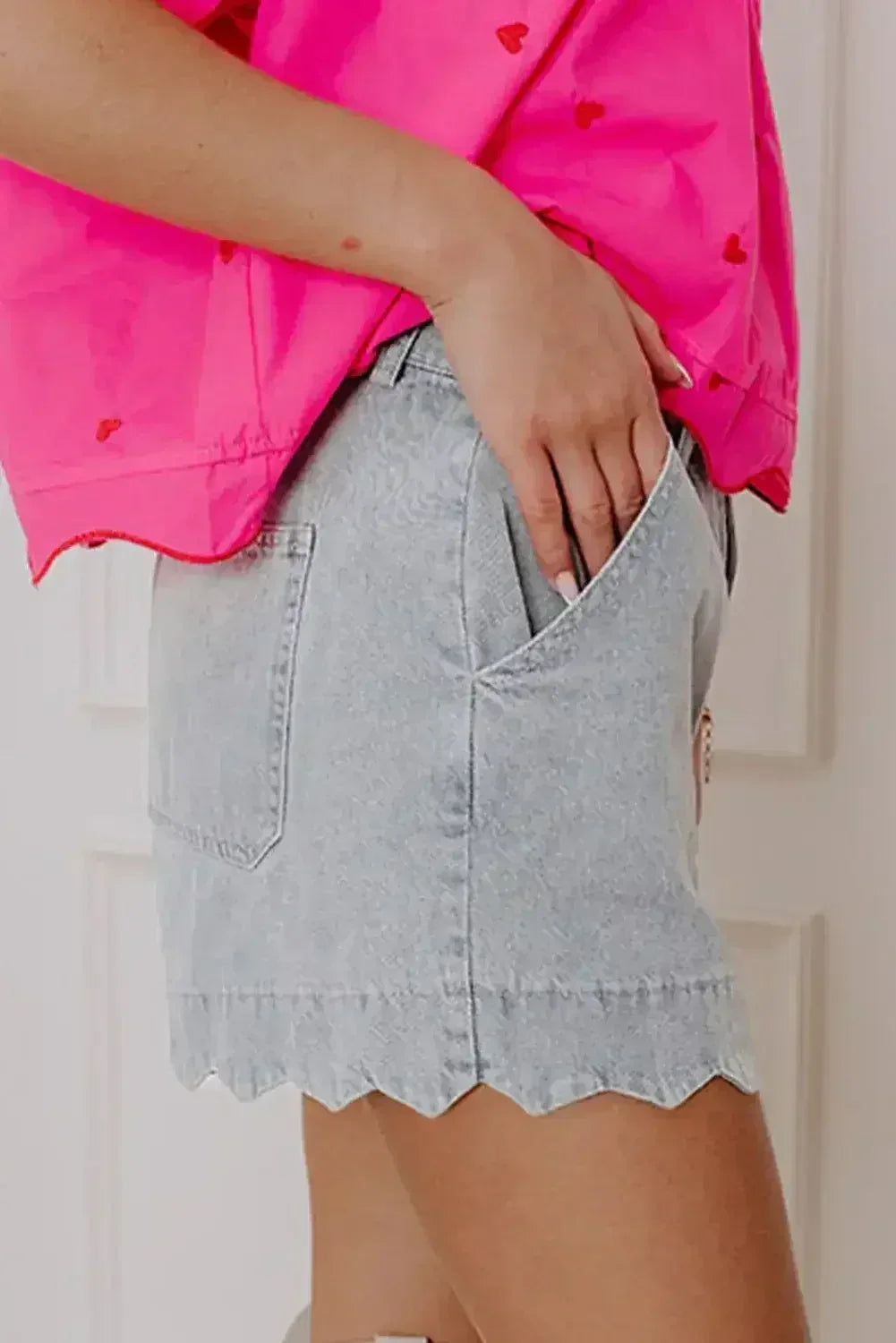Sail Blue Scalloped Hemline Light Wash Denim Shorts