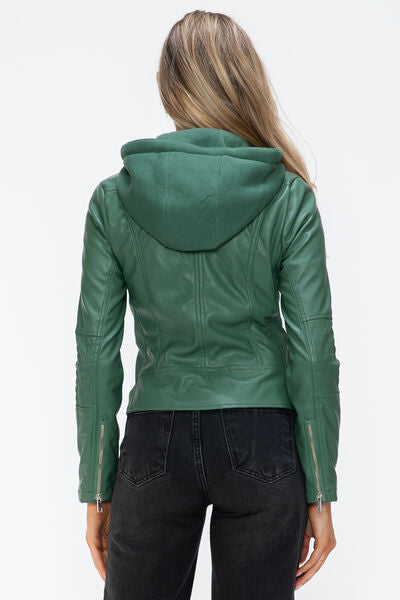 Women Classic Snobbish Faux Leather Zip-Up Drawstring Hooded Jacket Edgy & Casual PU Leather Jacket For Streetwear