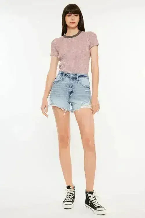 Kancan Distressed High Waist Denim Shorts with Pockets