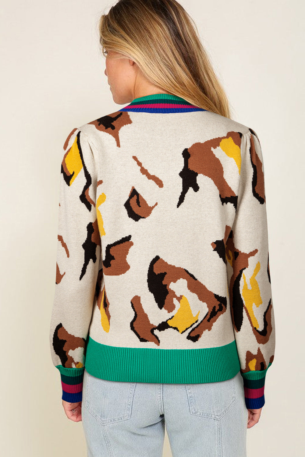 Apricot Contrast Ribbed Stripes Animal Pattern Knit Sweater