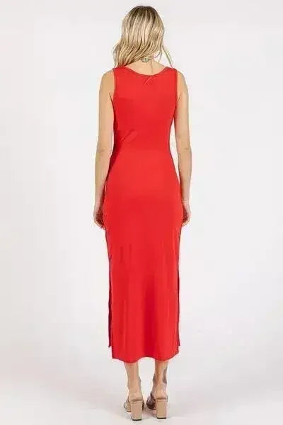 Red Side Slit Midi Dress - Wide Strap & Flirty Slit | Femstylo