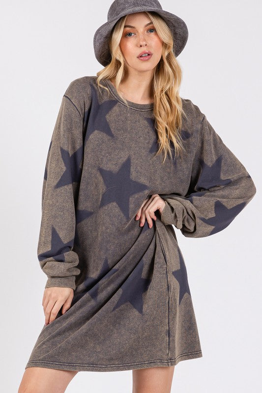 Modern Star Print Round Neck Dress Casual And Trendy Women’s Comfortable Soft Dress