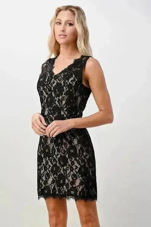 Sleeveless Lace Overlay Dress Scalloped Edges - Femstylo