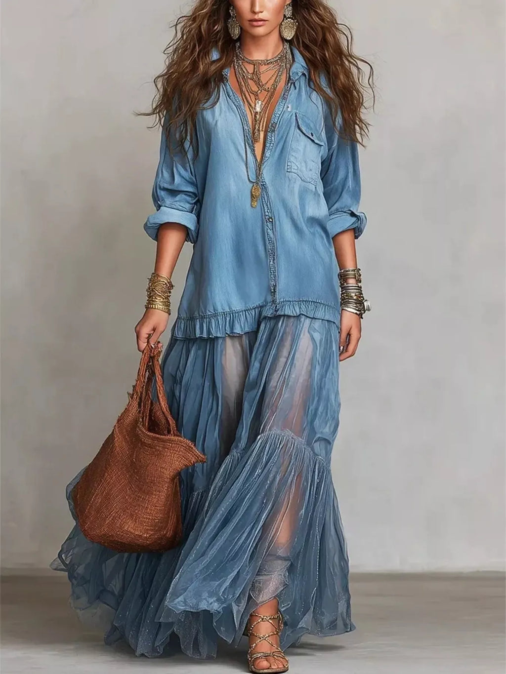 Long Sleeve Sheer Ruffle Maxi Dress
