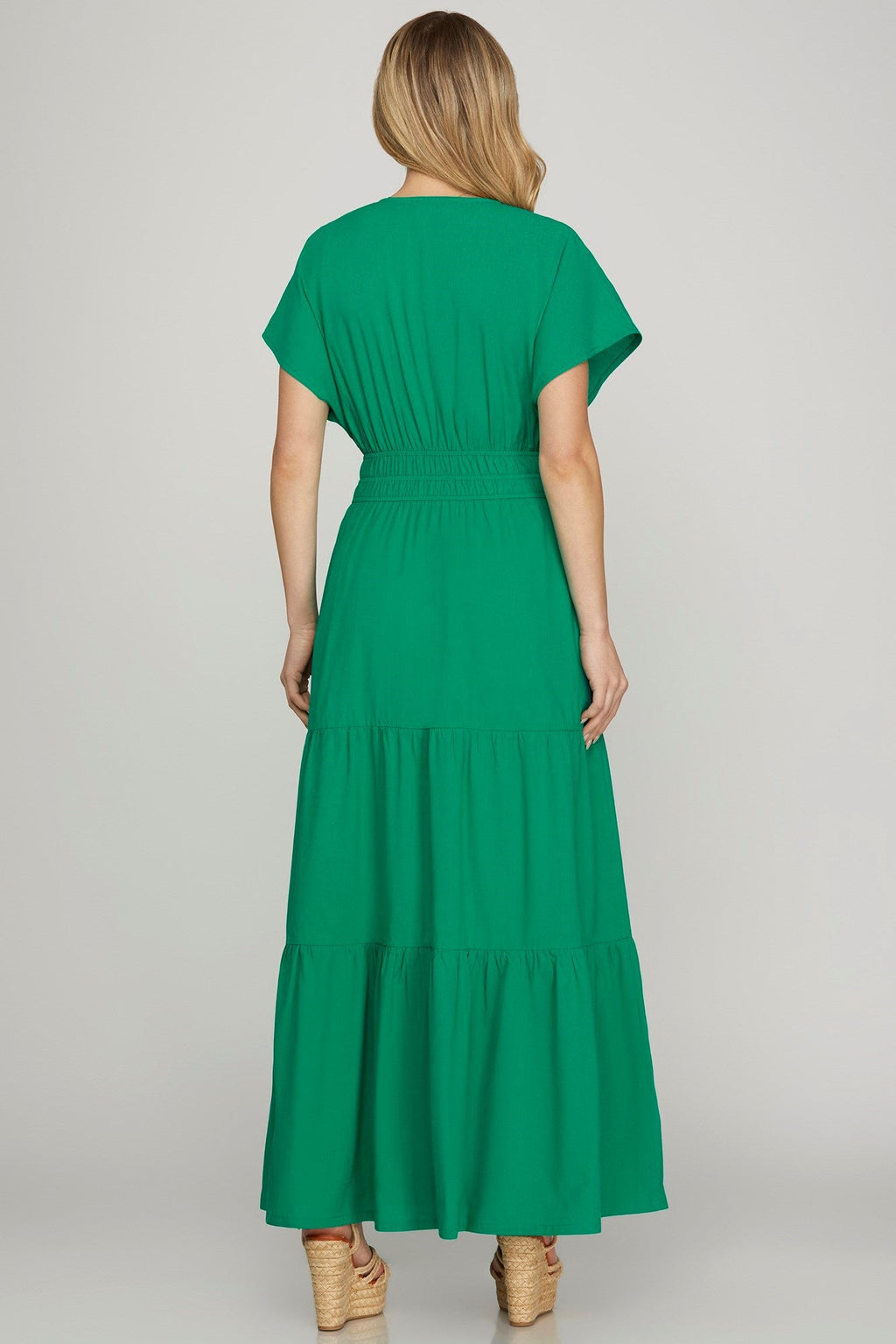 Surplice Short Sleeve Tiered Maxi Dress With Pockets For Women – Fluttering, Elegant and Versatile Maxi Dress with Surplice Neckline and Pockets