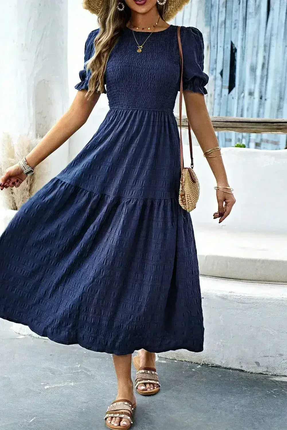 Sail Blue Solid Textured Smocked High Waist Midi Dress
