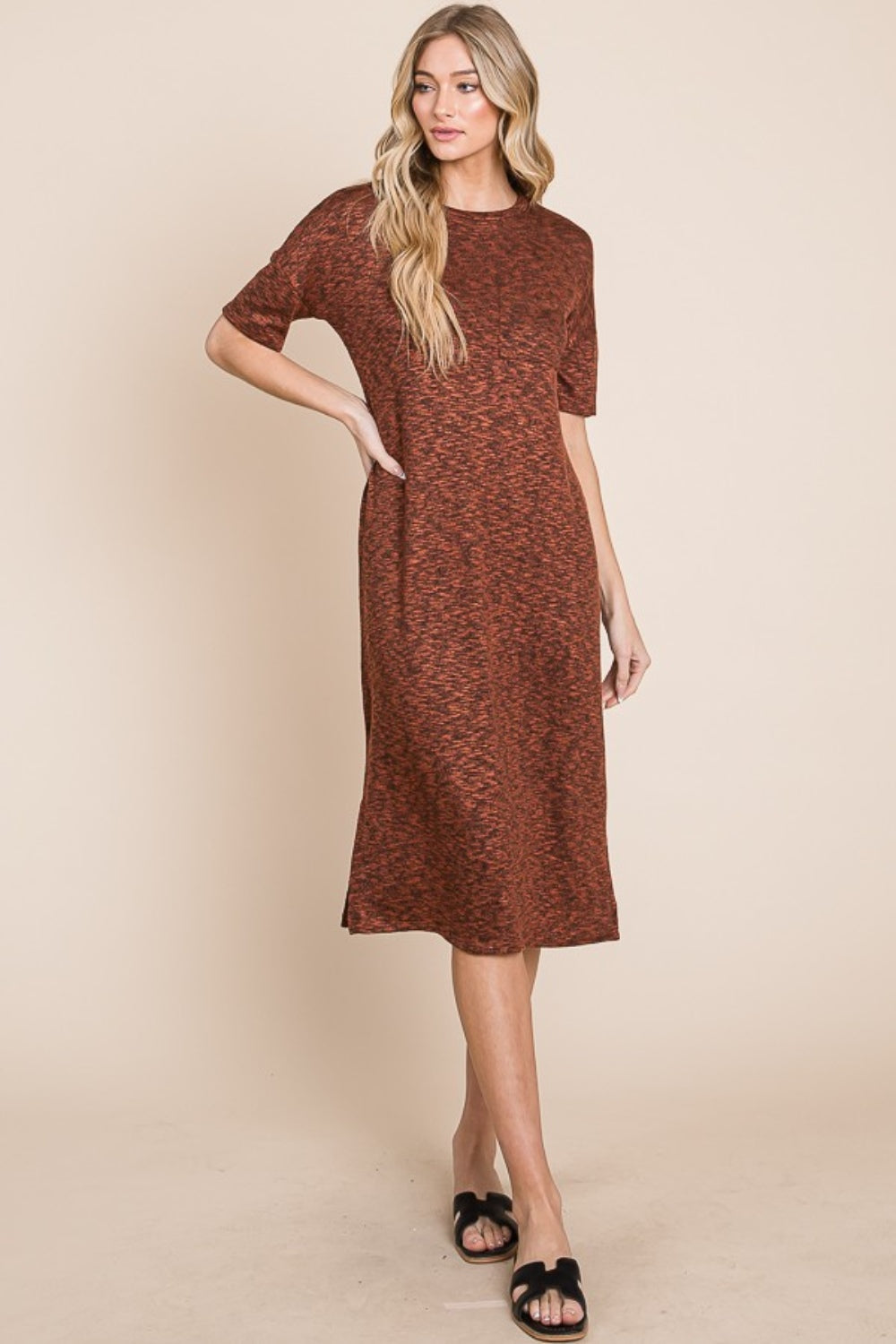 Round Neck Side Slit Midi Dress For Women – Chic Midi Dress, Stylish Round Neck Dress, Side Slit Dress, Versatile Midi Dress, Alluring Side Slit Dress, Elegant Dress for Any Occasion, Timeless Wardrobe Staple