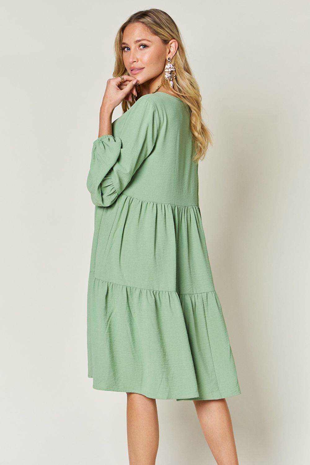 Light Green Double Take Full Size V-Neck Sleeve Tiered Dress with Pockets Elegant & Comfortable Casual Dress