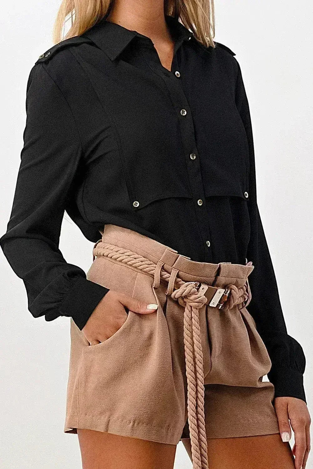 Oversized Military Blouse – Gold Button Long Sleeve Top | Femstylo