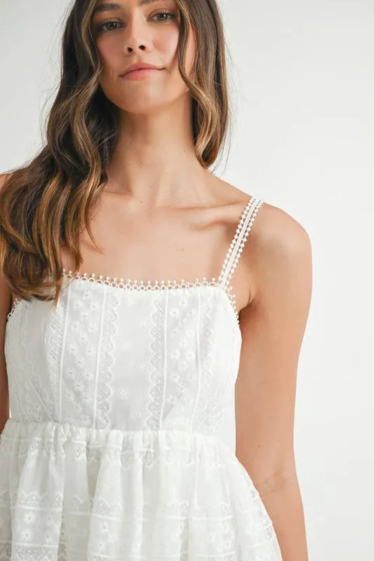 Eyelet Lace Babydoll Mini Cami Dress – Feminine Eyelet Lace Dress, Fluttering, Bohemian Babydoll Silhouette, Breezy Summer Dress, Casual Day Out Dress