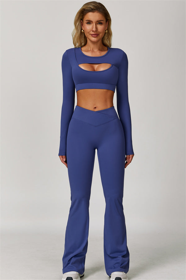 The Lavish Long Sleeve Cut-out Crop Top Flared Leggings 2-Piece Set