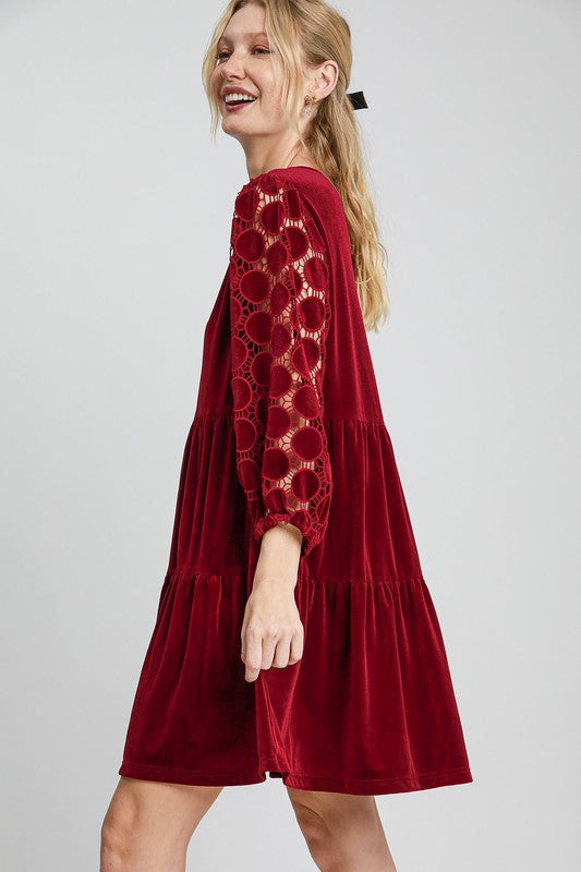 Dotted Lace Sleeve Tiered Velvet Mini Dress For Women – Vintage Lace Dress, Tiered Velvet Dress, Elegant Party Dress, Whimsical Lace Sleeve Dress, Chic Mini Dress