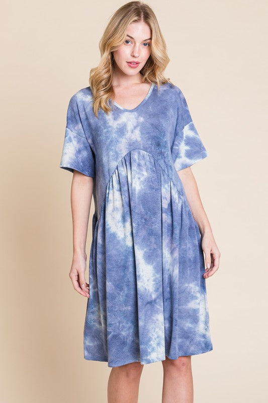 Tie-Dye V-Neck Half Sleeve Dress – Casual, Fluttering, Stylish and Trendy Tie-Dye Dress with Flattering V-Neck and Comfortable Half Sleeves