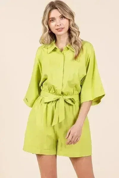 Tie Waist Romper - Half Sleeve Linen Blend Jumpsuit | Femstylo
