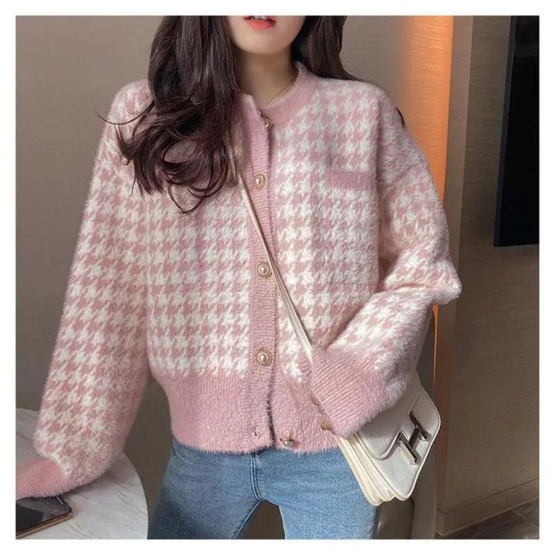 Elegance Short Sweater Cardigan Jacket For Women Modern Imitation Mink Fleece Knitwear Tops Vintage O-neck Knitted Coats