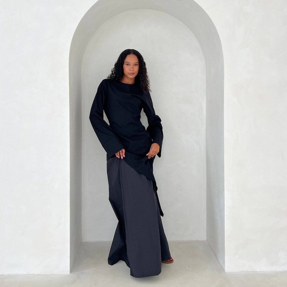 Elegant Asymmetric Top & Maxi Skirt Set | Cotton Linen Two-Piece Outfit (MS184)